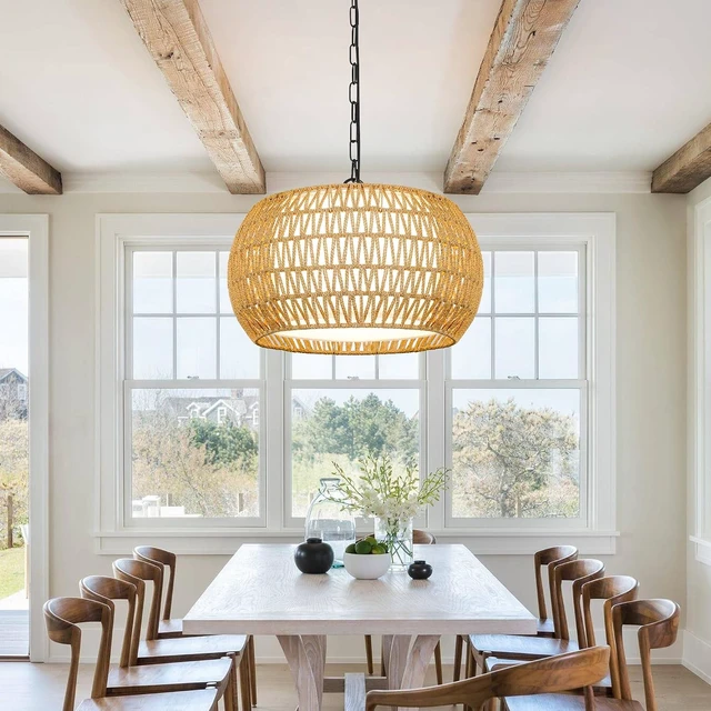 Alt view image 7 of 7 - ZECOXOL Rattan Farmhouse Chandelier Light Fixtures, 5-Lights Boho Large Pendant Light,Hand Woven Chandeliers for Dining Room with Fabric Shade,Rustic Chandeliers (Cydariform, 17.8inch)