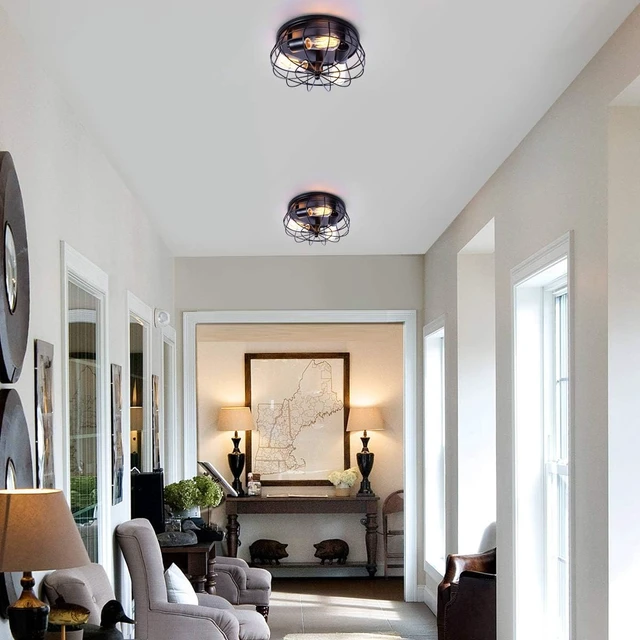 Alt view image 2 of 7 - VILUXY Industrial Black Semi Flush Mount Ceiling Light 3-Light Rustic Ceiling Lamp Fixture with Metal Cage for Kitchen Living Room Dining Room Bedroom Hallway