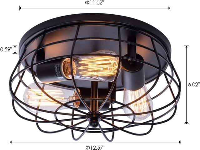 Alt view image 5 of 7 - VILUXY Industrial Black Semi Flush Mount Ceiling Light 3-Light Rustic Ceiling Lamp Fixture with Metal Cage for Kitchen Living Room Dining Room Bedroom Hallway