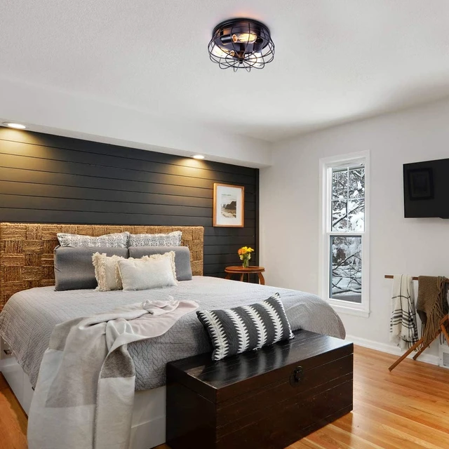 Alt view image 4 of 7 - VILUXY Industrial Black Semi Flush Mount Ceiling Light 3-Light Rustic Ceiling Lamp Fixture with Metal Cage for Kitchen Living Room Dining Room Bedroom Hallway