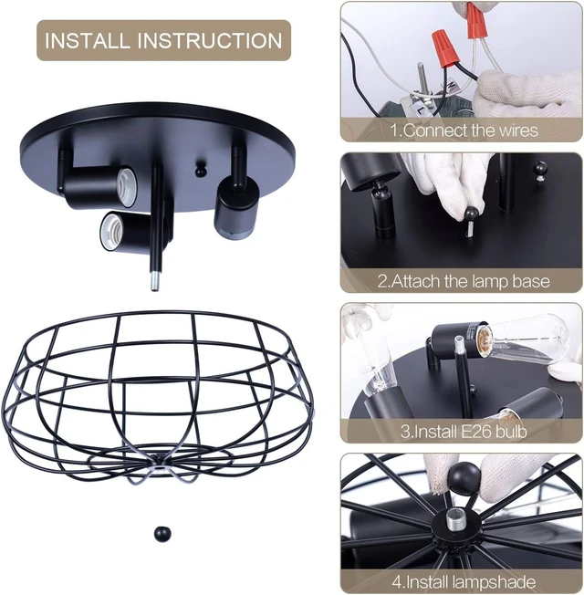 Alt view image 7 of 7 - VILUXY Industrial Black Semi Flush Mount Ceiling Light 3-Light Rustic Ceiling Lamp Fixture with Metal Cage for Kitchen Living Room Dining Room Bedroom Hallway