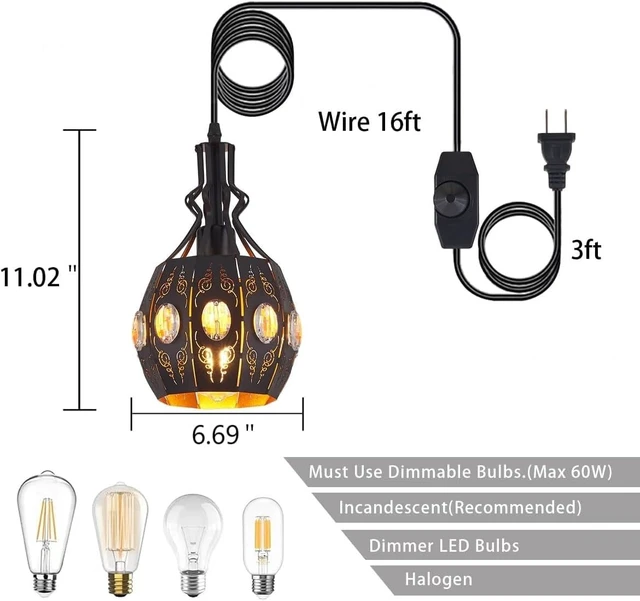 Alt view image 6 of 7 - YLONG-ZS Hanging Lamp Swag Lights Plug in Pendant Light,Hanging Lights with Plug in Cord Small Black Vintage Rustic Dimmable Hanging Ceiling Lamp for Corner Restaurant Living Room Bedroom