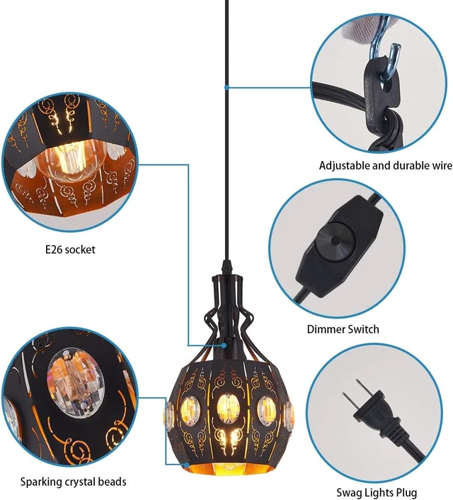 Alt view image 7 of 7 - YLONG-ZS Hanging Lamp Swag Lights Plug in Pendant Light,Hanging Lights with Plug in Cord Small Black Vintage Rustic Dimmable Hanging Ceiling Lamp for Corner Restaurant Living Room Bedroom