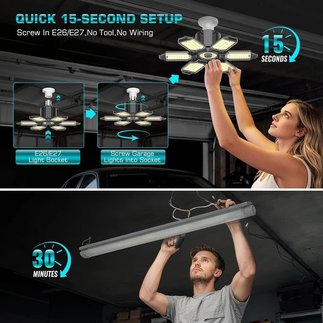 Alt view image 6 of 7 - 6 Pack 220W Garage Light Ceiling Led Deformable LED Shop Lights for Workshop E26 E27 Screw in Garage