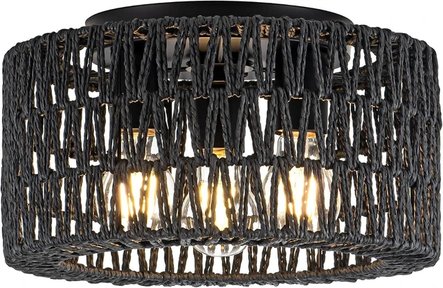 Main image of Rattan Ceiling Light Fixture, 3-Light Bohemian Modern Woven Ceiling Light, Black Boho Flush Mount Ceiling Light for Bedroom Living Room Dining Room, Bulb Not Included