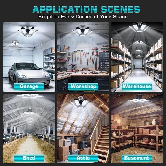 Alt view image 7 of 7 - 6 Pack 220W Garage Light Ceiling Led Deformable LED Shop Lights for Workshop E26 E27 Screw in Garage
