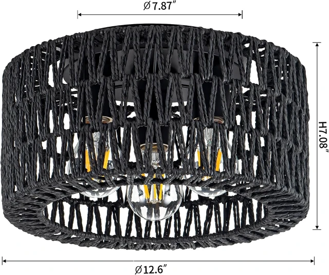 Alt view image 7 of 7 - Rattan Ceiling Light Fixture, 3-Light Bohemian Modern Woven Ceiling Light, Black Boho Flush Mount Ceiling Light for Bedroom Living Room Dining Room, Bulb Not Included
