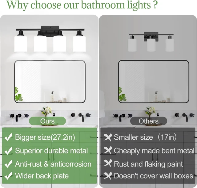 Alt view image 2 of 7 - MOKATNG 4-Light Bathroom Light Fixtures, Vanity Light with Milky White Shades, Matte Black Bathroom Light Fixtures Over Mirror, Modern Bathroom Wall Lamp for Mirror Living Room Cabinet Bedroom