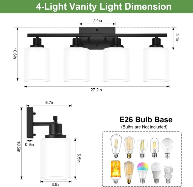Alt view image 3 of 7 - MOKATNG 4-Light Bathroom Light Fixtures, Vanity Light with Milky White Shades, Matte Black Bathroom Light Fixtures Over Mirror, Modern Bathroom Wall Lamp for Mirror Living Room Cabinet Bedroom