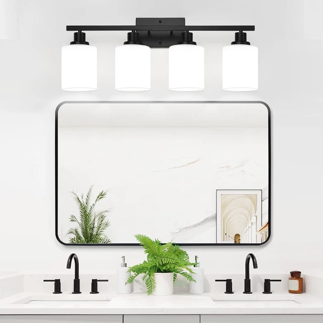 Alt view image 5 of 7 - MOKATNG 4-Light Bathroom Light Fixtures, Vanity Light with Milky White Shades, Matte Black Bathroom Light Fixtures Over Mirror, Modern Bathroom Wall Lamp for Mirror Living Room Cabinet Bedroom