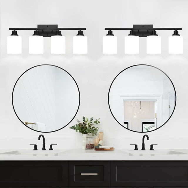 Alt view image 7 of 7 - MOKATNG 4-Light Bathroom Light Fixtures, Vanity Light with Milky White Shades, Matte Black Bathroom Light Fixtures Over Mirror, Modern Bathroom Wall Lamp for Mirror Living Room Cabinet Bedroom