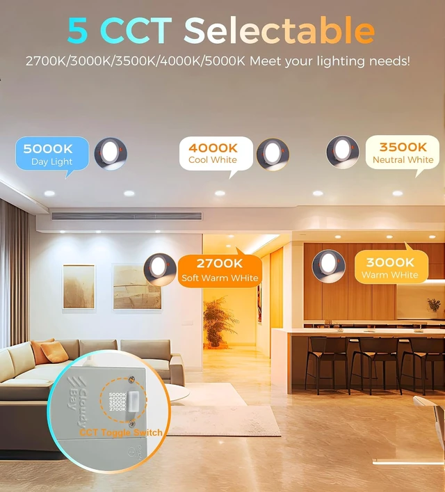 Alt view image 6 of 7 - CLOUDY BAY 20W 8 inch LED Recessed Lights,5Color 2700K/3000K/3500K/4000K/5000K Selectable,Dimmable CRI 90+,IC Rated,ETL Listed,Ultra Thin Recessed Downlight with Junction Box,White,6 Pack