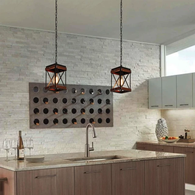 Alt view image 2 of 7 - Fivess Lighting Rustic Farmhouse Plug in Pendant Light with 15ft Cord, On/Off Switch, Wood & Metal Cage Adjustable Chains Industrial Mini Hanging Fixture for Kitchen Island Sink Bar Farmhouse, Black