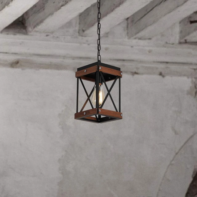 Alt view image 3 of 7 - Fivess Lighting Rustic Farmhouse Plug in Pendant Light with 15ft Cord, On/Off Switch, Wood & Metal Cage Adjustable Chains Industrial Mini Hanging Fixture for Kitchen Island Sink Bar Farmhouse, Black