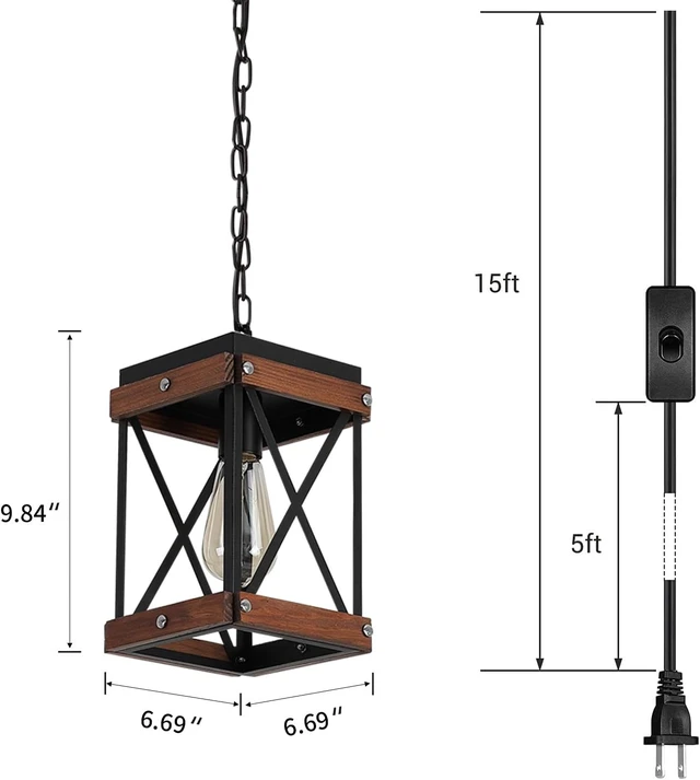 Alt view image 4 of 7 - Fivess Lighting Rustic Farmhouse Plug in Pendant Light with 15ft Cord, On/Off Switch, Wood & Metal Cage Adjustable Chains Industrial Mini Hanging Fixture for Kitchen Island Sink Bar Farmhouse, Black