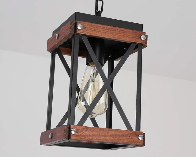 Alt view image 5 of 7 - Fivess Lighting Rustic Farmhouse Plug in Pendant Light with 15ft Cord, On/Off Switch, Wood & Metal Cage Adjustable Chains Industrial Mini Hanging Fixture for Kitchen Island Sink Bar Farmhouse, Black
