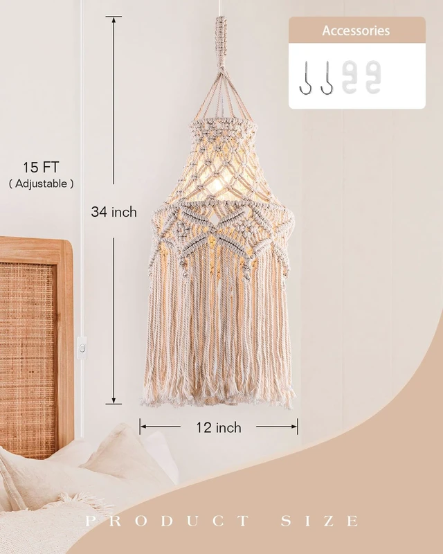 Alt view image 4 of 7 - Boho Lamp Shade, Hanging Lamp with Handmade Macrame Lamp Shade