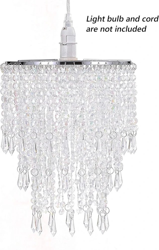Alt view image 3 of 7 - Waneway 3 Tiers Ceiling Chandelier Pendant Light Shade with Acrylic Jewel Droplets, Beaded Lampshade with Chrome Frame and Clear Beads, Diameter 8.7 inches, Clear