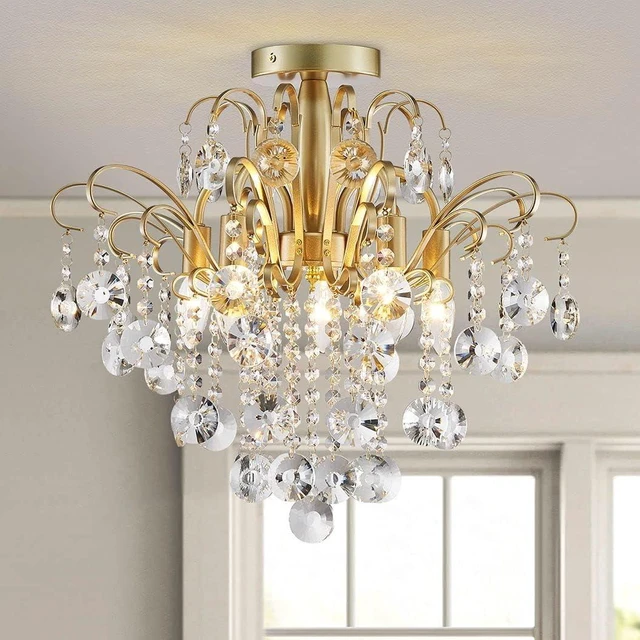 Main image of WUZUPS Crystal Chandelier Flushmount Ceiling Light Modern Lighting Fixture for Bedroom Hallway Bar Kitchen Bathroom, H 17.5'' x W 19.3'', E12 Base, Gold