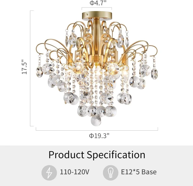 Alt view image 2 of 7 - WUZUPS Crystal Chandelier Flushmount Ceiling Light Modern Lighting Fixture for Bedroom Hallway Bar Kitchen Bathroom, H 17.5'' x W 19.3'', E12 Base, Gold