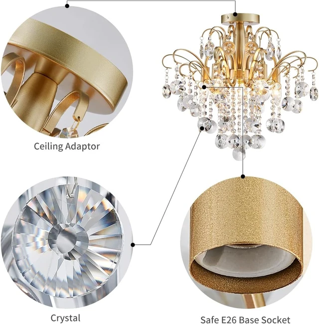 Alt view image 3 of 7 - WUZUPS Crystal Chandelier Flushmount Ceiling Light Modern Lighting Fixture for Bedroom Hallway Bar Kitchen Bathroom, H 17.5'' x W 19.3'', E12 Base, Gold