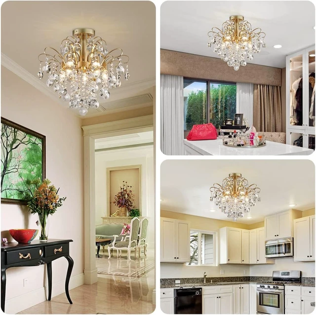 Alt view image 6 of 7 - WUZUPS Crystal Chandelier Flushmount Ceiling Light Modern Lighting Fixture for Bedroom Hallway Bar Kitchen Bathroom, H 17.5'' x W 19.3'', E12 Base, Gold