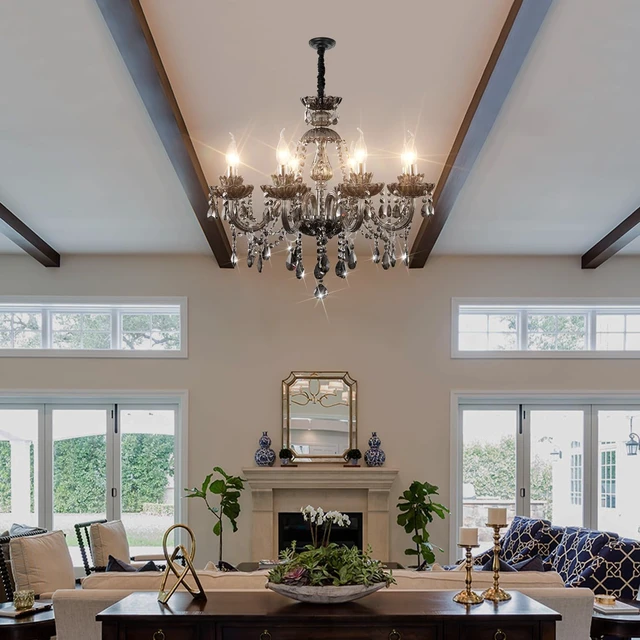 Alt view image 2 of 7 - Luxurious Smoky Gray Crystal Chandelier for Living Room, Antique 6-Lights Teardrop Candle Chandelier Pendant Ceiling Lighting Fixture for Kitchen Dinner Party Closet Entryway of CRYSTOP