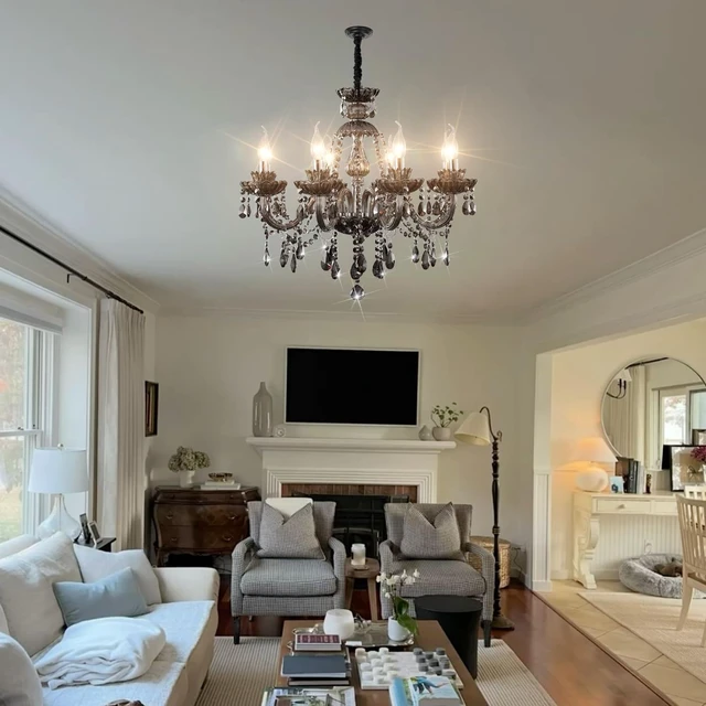 Alt view image 4 of 7 - Luxurious Smoky Gray Crystal Chandelier for Living Room, Antique 6-Lights Teardrop Candle Chandelier Pendant Ceiling Lighting Fixture for Kitchen Dinner Party Closet Entryway of CRYSTOP