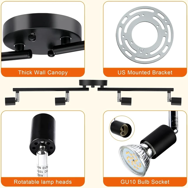 Alt view image 7 of 7 - Track Lighting Kit, 4 Head Foldable Ceiling Spot Light with GU10 Socket for Kitchen Hallyway Bedroom Fixture Directional Accent Lamp (Black)