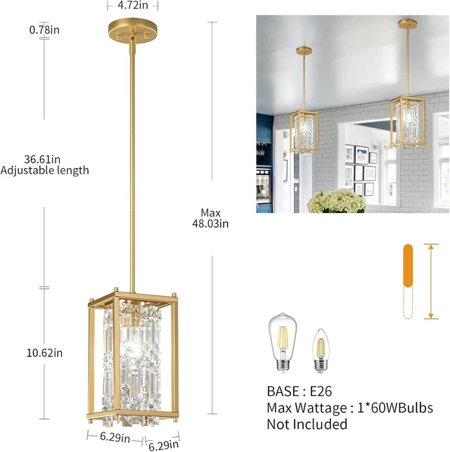 Alt view image 3 of 7 - LMQNINE Modern Gold Pendant Light Fixtures for Kitchen Island, Crystal Chandelier Lights Fixture, Elegant Adjustable Pendant Lighting for Dining Room Bedroom (Square 1-Light)