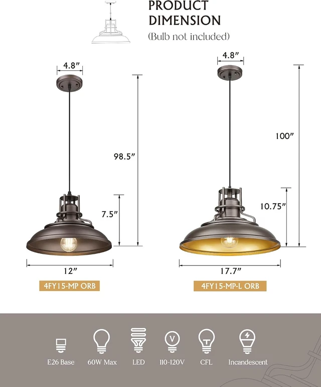 Alt view image 2 of 6 - FEMILA Farmhouse Pendant Light,12" Barn Vintage Hanging Light Fixture for Kitchen Island, Adjustable Height,Oil Rubbed Bronze Finish, 4FY15-MP ORB