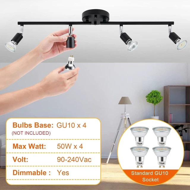 Alt view image 5 of 7 - Track Lighting Kit, 4 Head Foldable Ceiling Spot Light with GU10 Socket for Kitchen Hallyway Bedroom Fixture Directional Accent Lamp (Black)