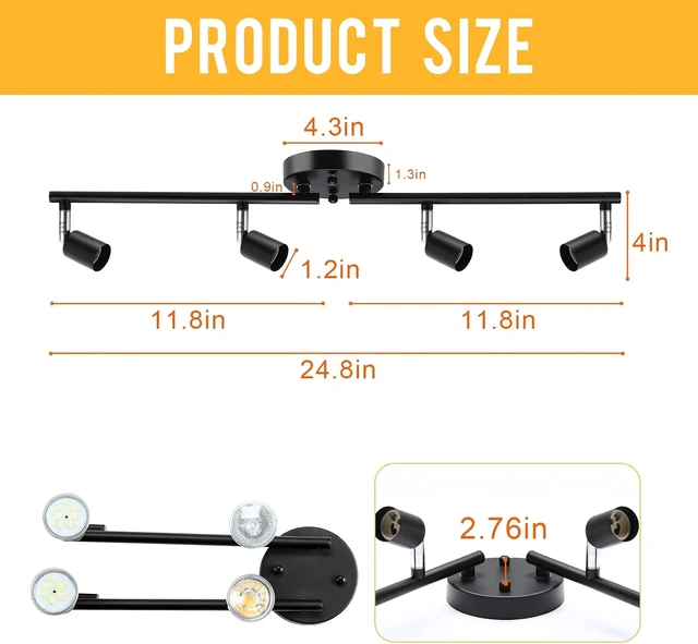 Alt view image 6 of 7 - Track Lighting Kit, 4 Head Foldable Ceiling Spot Light with GU10 Socket for Kitchen Hallyway Bedroom Fixture Directional Accent Lamp (Black)