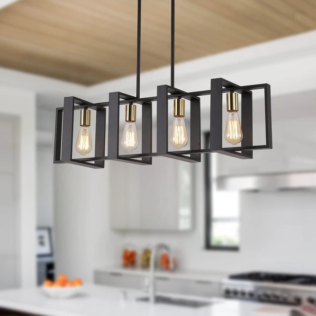 Main image of 35.4" Kitchen Island Lighting Fixture, Dining Room 4 Lights Chandeliers, Black Wood+Metal Pendant Light for Foyer Hallway Living Room