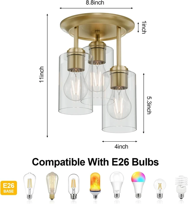Alt view image 6 of 7 - Kalium 3-Lights Semi Flush Mount Ceiling Light Fixture Gold for Kitchen