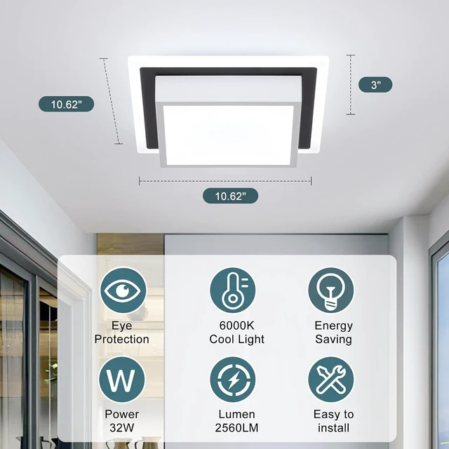 Alt view image 3 of 7 - EIDISUNY Modern LED Ceiling Light, Hallway Ceiling Light, 6000K Cold White Flush Mount Ceiling Lamp, Square Hallway Lighting Fixtures for Living Room Bedroom Bathroom Kitchen
