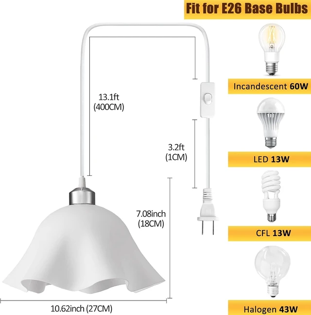 Alt view image 4 of 7 - OmiSun Plug in Pendant Light, 2 Pack Hanging Lights with Plug in Cord, Hanging Lamp with15Ft Cord, On/Off Switch, Frosted Plastic White Shade, Plug in Hanging Ceiling Lights for Bedroom, Living Room