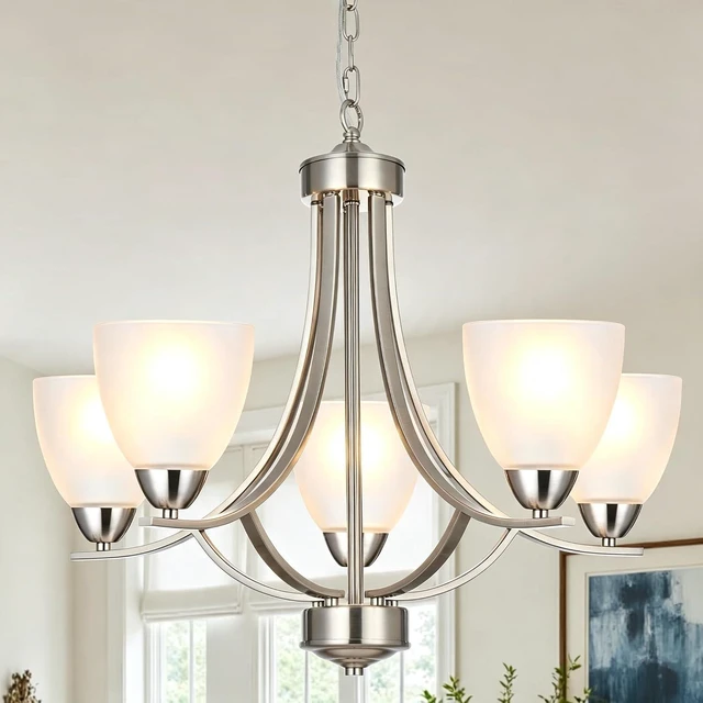 Main image of 5 Light Contemporary Chandeliers Brushed Nickel Modern Light Fixtures Ceiling Hanging Industrial Pendant Lighting for Foyer Bedroom Dining Room Bathroom
