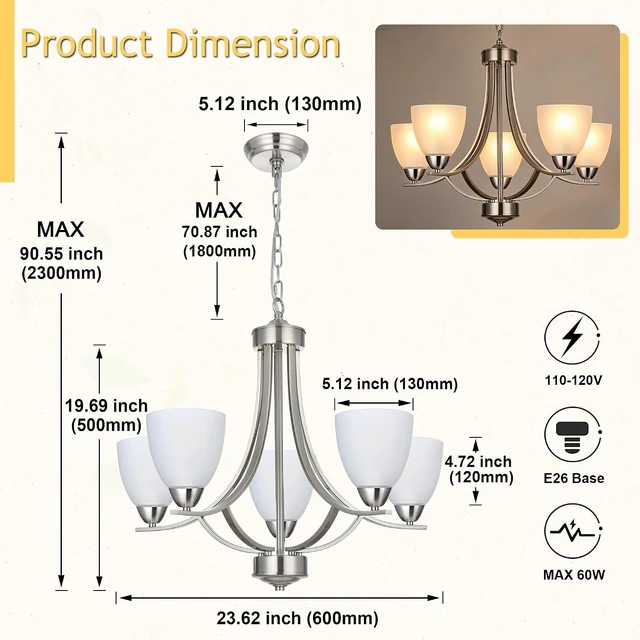 Alt view image 3 of 6 - 5 Light Contemporary Chandeliers Brushed Nickel Modern Light Fixtures Ceiling Hanging Industrial Pendant Lighting for Foyer Bedroom Dining Room Bathroom