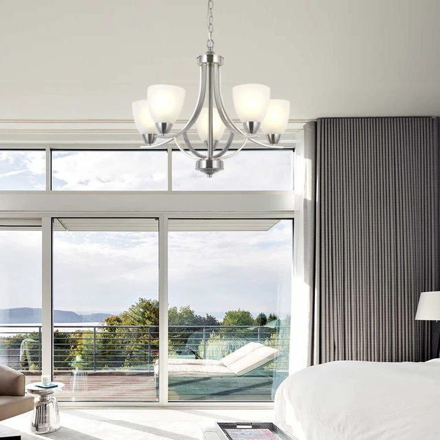 Alt view image 4 of 6 - 5 Light Contemporary Chandeliers Brushed Nickel Modern Light Fixtures Ceiling Hanging Industrial Pendant Lighting for Foyer Bedroom Dining Room Bathroom