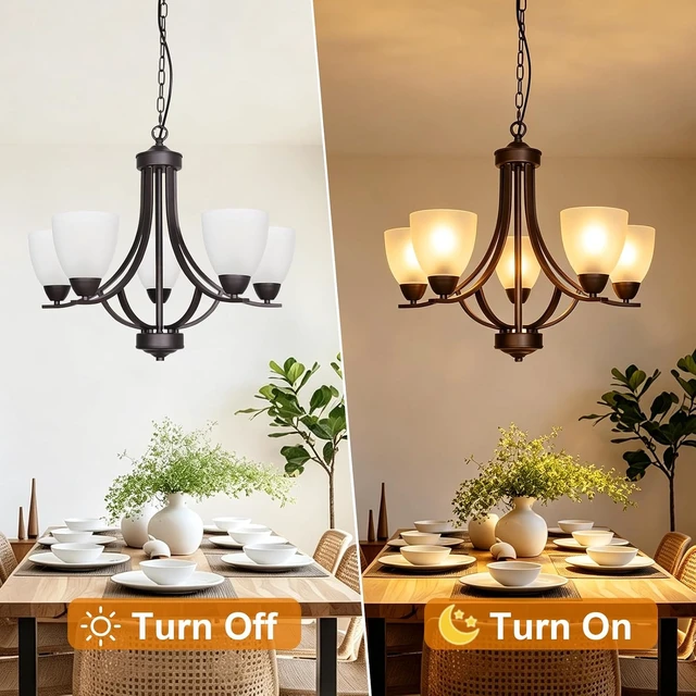 Alt view image 5 of 7 - 5 Light Shaded Contemporary Chandeliers with Alabaster Glass Oil Rubbed Bronze Modern Light Fixtures Ceiling Hanging Rustic Pendant Lighting for Dining Room Foyer Bedroom Living Room