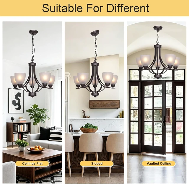 Alt view image 6 of 7 - 5 Light Shaded Contemporary Chandeliers with Alabaster Glass Oil Rubbed Bronze Modern Light Fixtures Ceiling Hanging Rustic Pendant Lighting for Dining Room Foyer Bedroom Living Room