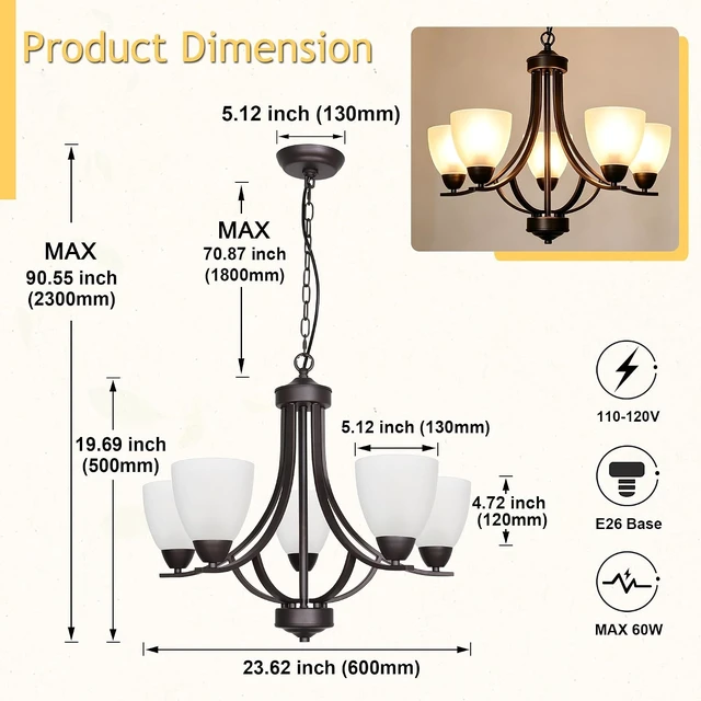 Alt view image 4 of 7 - 5 Light Shaded Contemporary Chandeliers with Alabaster Glass Oil Rubbed Bronze Modern Light Fixtures Ceiling Hanging Rustic Pendant Lighting for Dining Room Foyer Bedroom Living Room