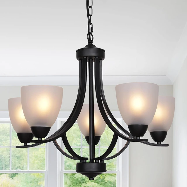 Main image of 5 Light Shaded Contemporary Chandeliers with Alabaster Glass Black Rustic Light Fixtures Ceiling Hanging Mid Century Modern Pendant Lighting for Dining Room Foyer Bedroom Living Room
