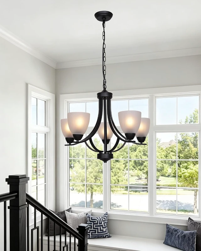 Alt view image 2 of 7 - 5 Light Shaded Contemporary Chandeliers with Alabaster Glass Black Rustic Light Fixtures Ceiling Hanging Mid Century Modern Pendant Lighting for Dining Room Foyer Bedroom Living Room