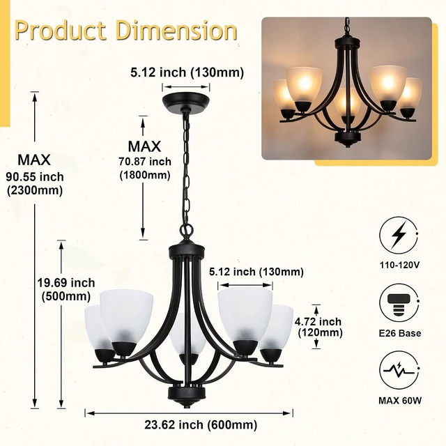 Alt view image 3 of 7 - 5 Light Shaded Contemporary Chandeliers with Alabaster Glass Black Rustic Light Fixtures Ceiling Hanging Mid Century Modern Pendant Lighting for Dining Room Foyer Bedroom Living Room