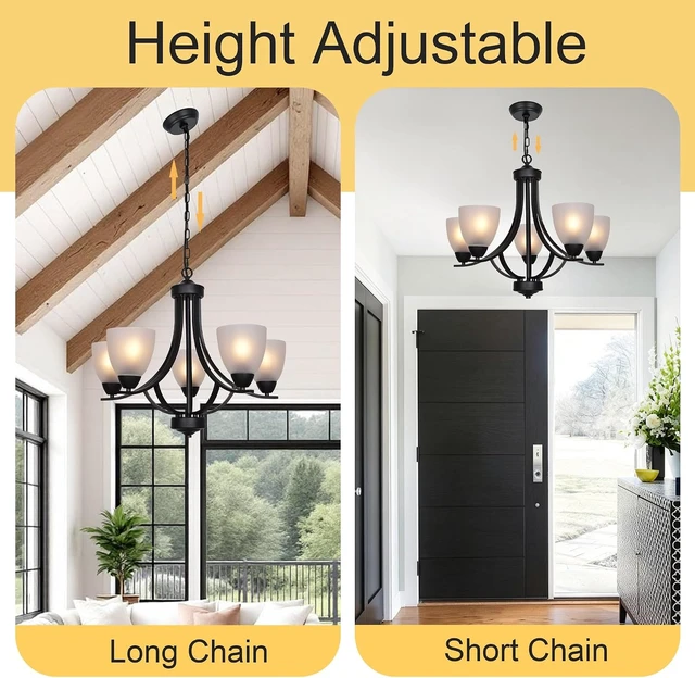 Alt view image 4 of 7 - 5 Light Shaded Contemporary Chandeliers with Alabaster Glass Black Rustic Light Fixtures Ceiling Hanging Mid Century Modern Pendant Lighting for Dining Room Foyer Bedroom Living Room