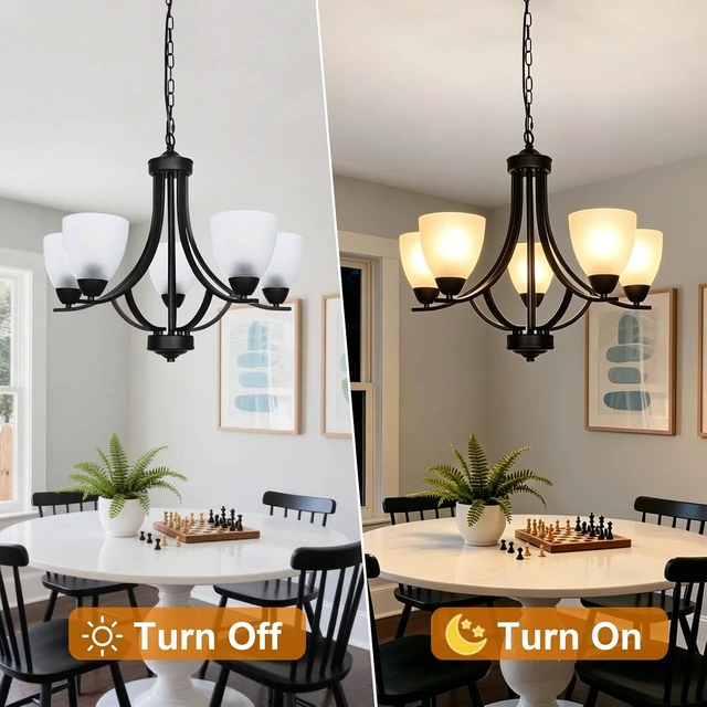 Alt view image 5 of 7 - 5 Light Shaded Contemporary Chandeliers with Alabaster Glass Black Rustic Light Fixtures Ceiling Hanging Mid Century Modern Pendant Lighting for Dining Room Foyer Bedroom Living Room