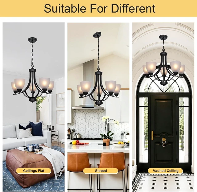 Alt view image 6 of 7 - 5 Light Shaded Contemporary Chandeliers with Alabaster Glass Black Rustic Light Fixtures Ceiling Hanging Mid Century Modern Pendant Lighting for Dining Room Foyer Bedroom Living Room