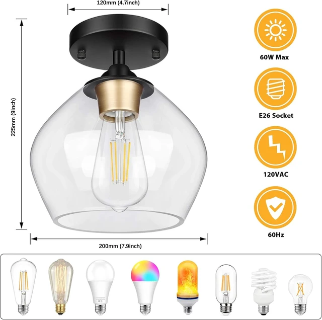Alt view image 5 of 7 - BesLowe Modern Semi Flush Mount Ceiling Light with Clear Glass Shade, Black